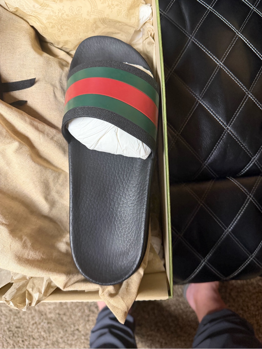 Gucci Black Slide Sandals With Green And Red Stripes Mens Slides (Authentic)